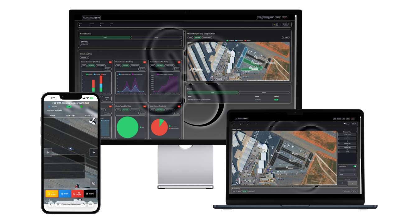 EssentialAero fleet monitoring dashboards on desktop, laptop, and phone
